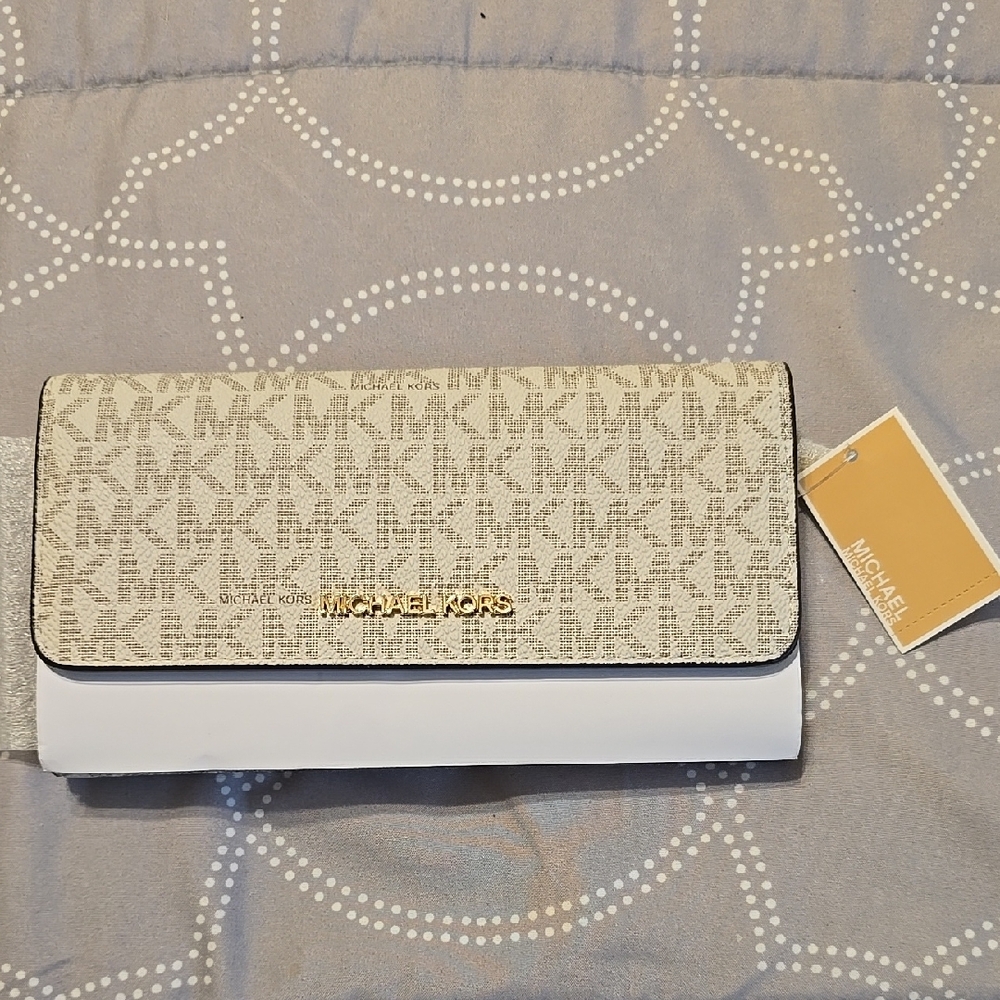 Michael Kors Cream Wallet with Monogram Pattern and Gold Emblem